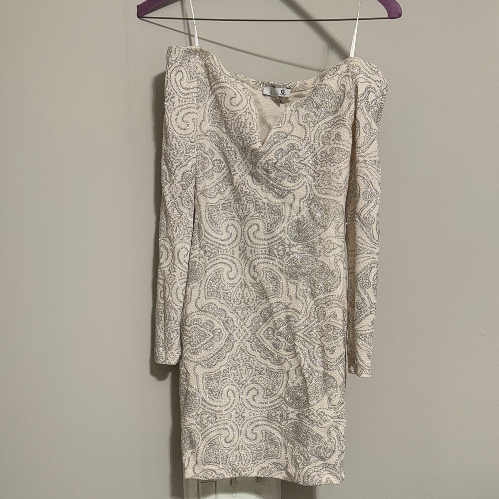 G by Guess Cream and Gray Long Sleeve Dress